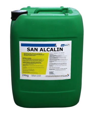 Detergent alcalin lichid cu clor BouMatic San Alcalin, pentru instalatii de muls si tancuri de racire, 24 kg