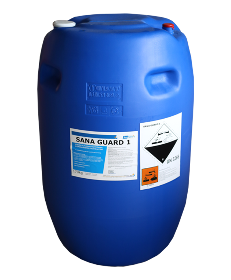 Detergent concentrat alcalin lichid fara clor Sana Guard 1, pentru instalatii de muls si tancuri de racire, Butoi 170 kg