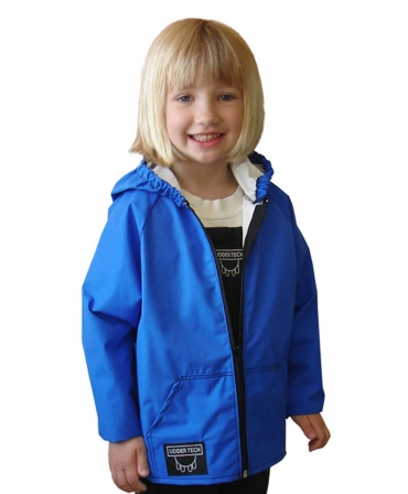 Jacheta copii cu gluga Udder Tech, nailon - impermeabila, fermoar intreg, albastra, imbracata
