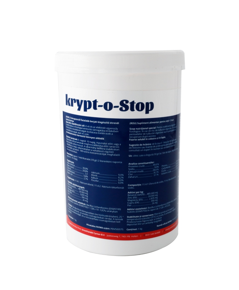 Supliment alimentar pentru prevenirea criptosporidiozei la vitei, Carton Krypt-O-Stop, cutie 1 kg, spate