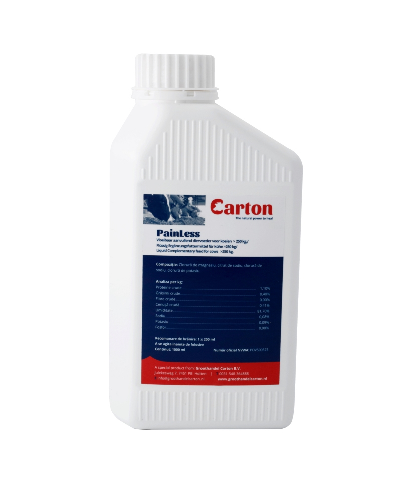 Solutie lichida pentru calmarea durerilor la vaci, Carton Painless Liquid, bidon 1 litru, produs