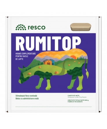 Bolusuri cu eliberare lenta de elemente pentru stimularea florei ruminale la vaci, Resco Rumitop, cutie 12 bucati
