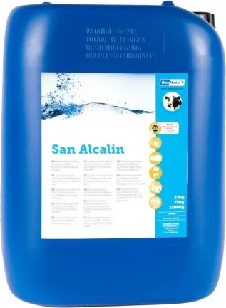 Detergent alcalin lichid cu clor BouMatic San Alcalin, pentru instalatii de muls si tancuri de racire, 23 kg